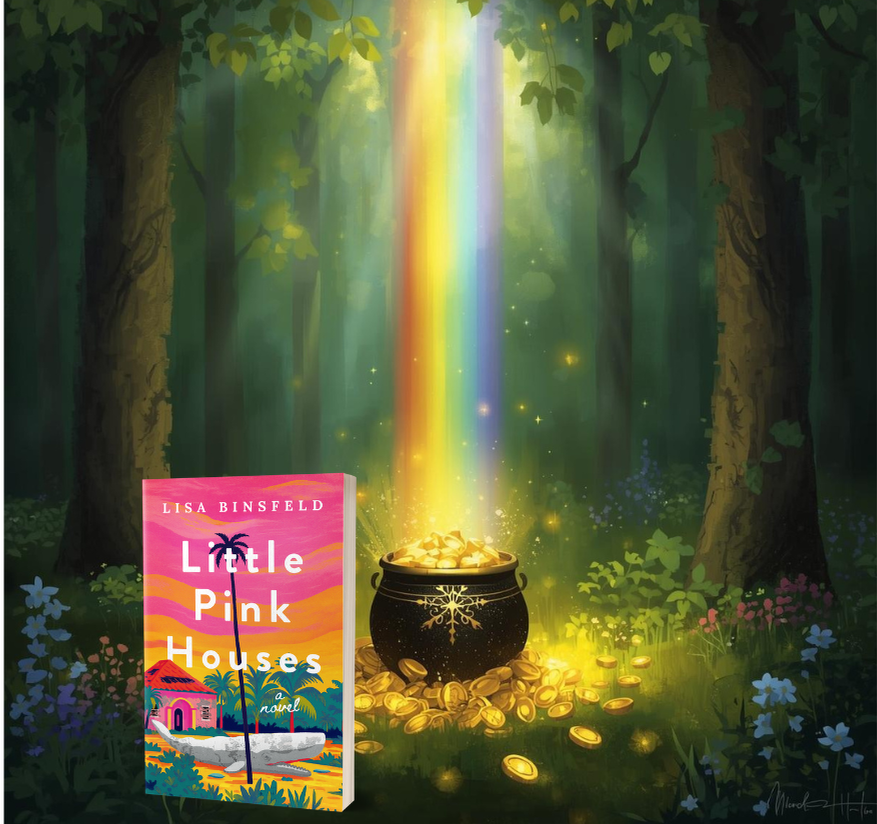 Rainbow ending in pot of gold in the forest with Little Pink Houses, a novel